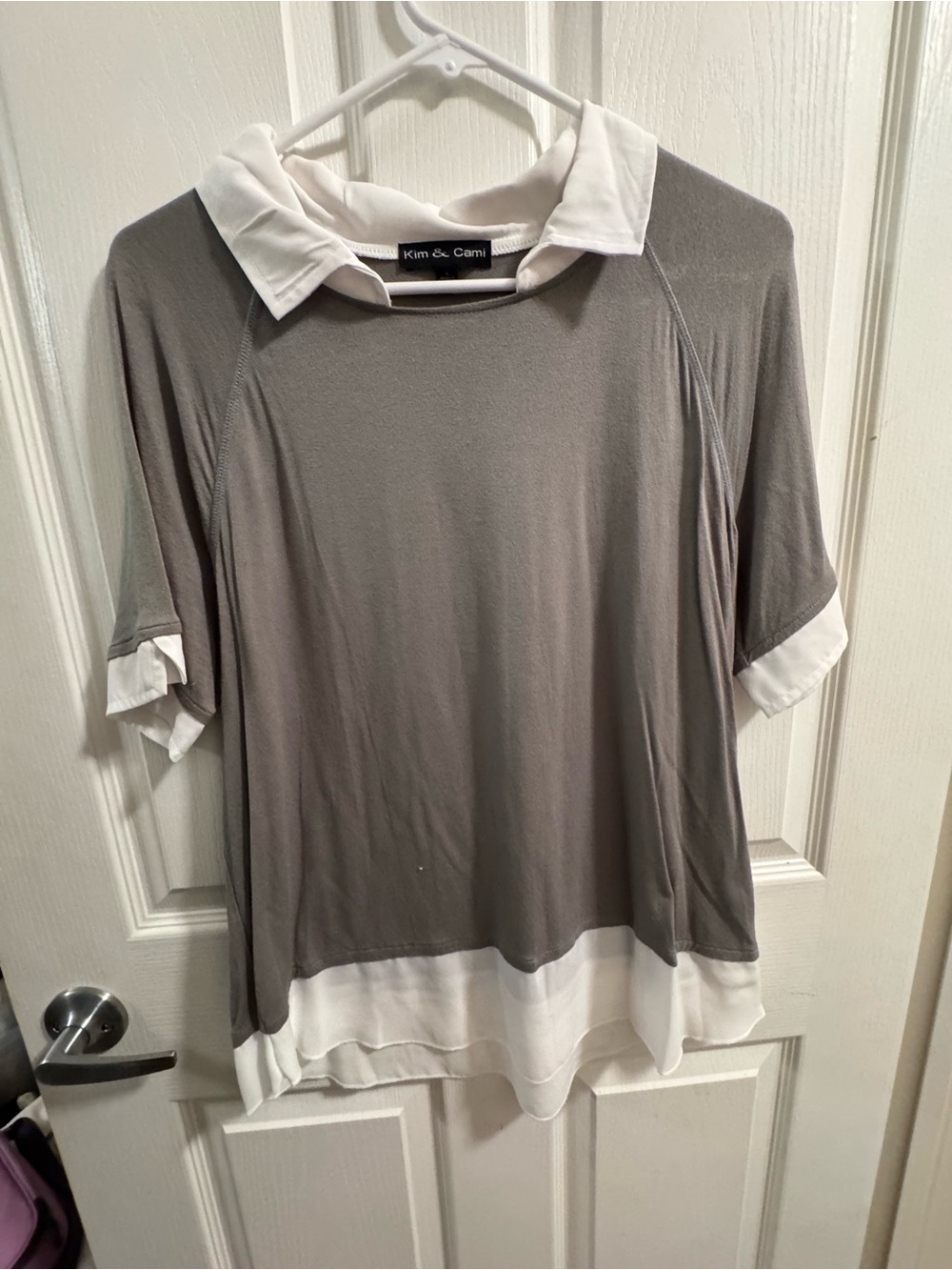 Kim & Cami Gray Top with White Contrast Collar & Hem